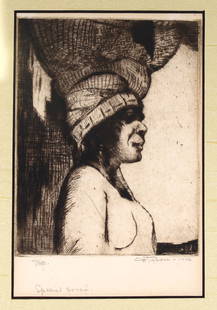 Slave Girl Special Proof signed Etching by Dorsey Potter Tyson circa 1946: Dorsey Potter Tyson was known for his color etchings in the Art Deco style, which were often inspired by oriental themes. His works are often mistaken for a similar artist, Peggy Bacon. He used a uniq