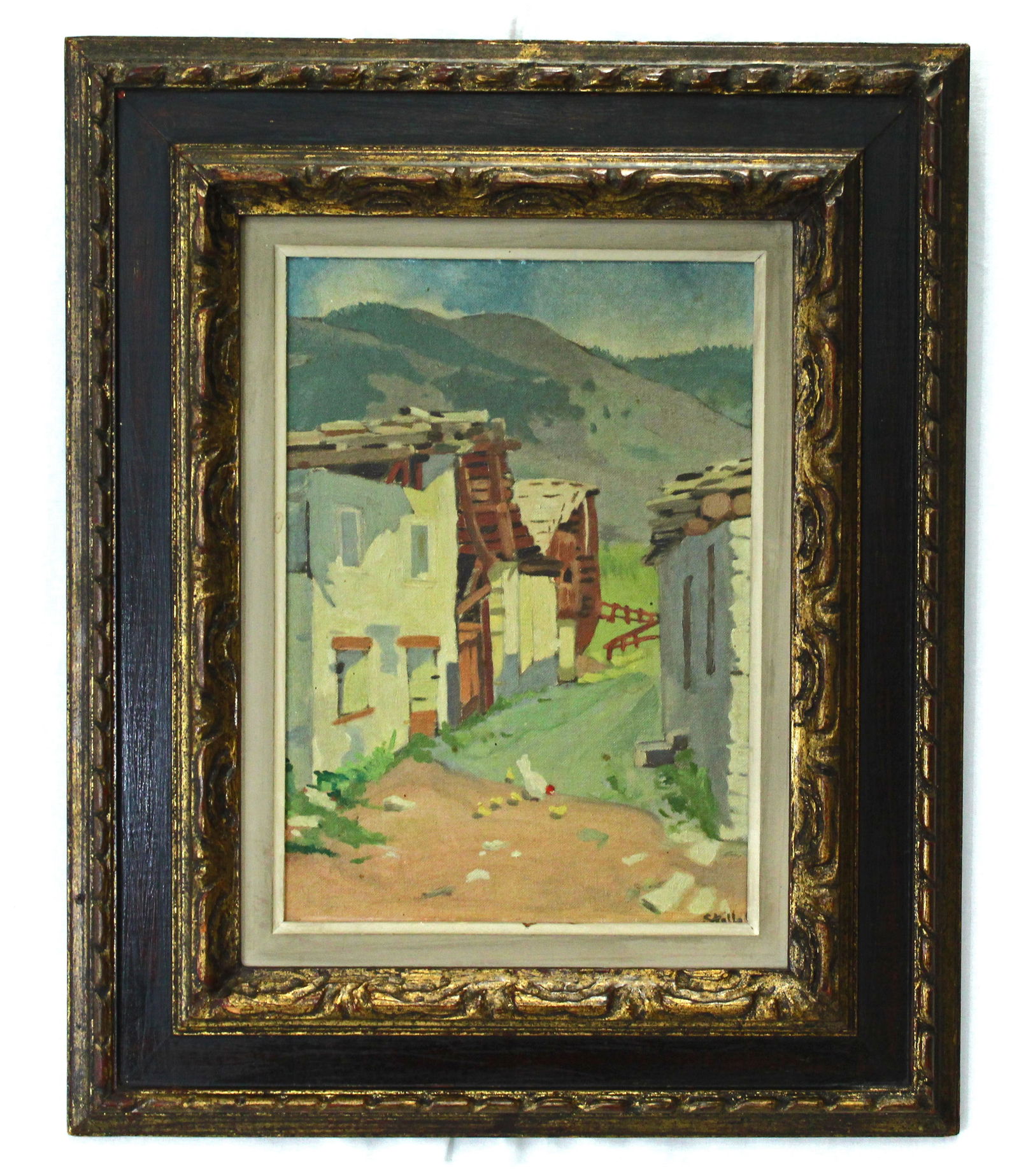 Bonelli Une rue a Entrèves Courmayeur oil on Masonite: Oil on Masonite after artist AK S. Bonelli's "Une rue a Entrèves Courmayeur". Signature on bottom right partly covered by the frame appears to be Stella or Stehli. Note - This image was part of a 194