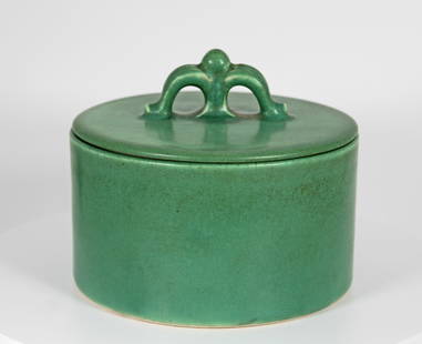 Rookwood lidded Butter Container: A lovely handle on this unique Rookwood lidded bowl, possibly a butter or cheese container. Dated 1945, shape number 6568 in matte green. Rare shape, only reference found of this shape was a Rookwood