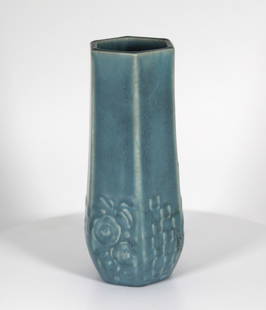 Rookwood Vase by Kataro Shirayamadani with paper label: This Rookwood Pottery cabinet vase with shape number 6109, is designed by Kataro Shirayamadani in 1929. A 6 1/4 inch tall piece reflecting his Japanese-inspired aesthetic within the Art Deco context o