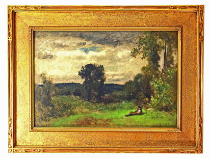 George Inness original oil on canvas full provenance 1877: George Inness (1825-1894), one of America's foremost Tonalism and Hudson River School painters of the late 19th century. This oil on canvas on academy board is circa 1877 of a man relaxing along the b