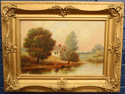 Dutch 19th century English Countryside Landscape Oil on Canvas: Original 19th century English or Dutch countryside with a cottage by a pond with and lady in a row boat. This oil on canvas in an antique frame is signed BW Perry on lower left corner. Dimensions repr