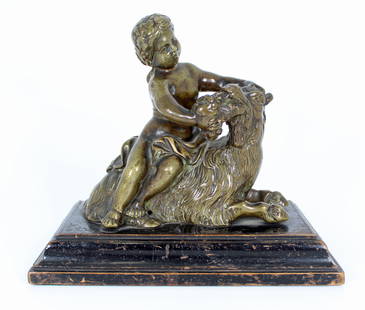 Bronze Child Bacchus on Goat: 19th Century Bronze of a child Bacchus on a goat after Dans Le Gout De Clodion Et Barye. Likely produced in France during the 19th century. In mythology, Bacchus, the Roman god of wine, is often depic