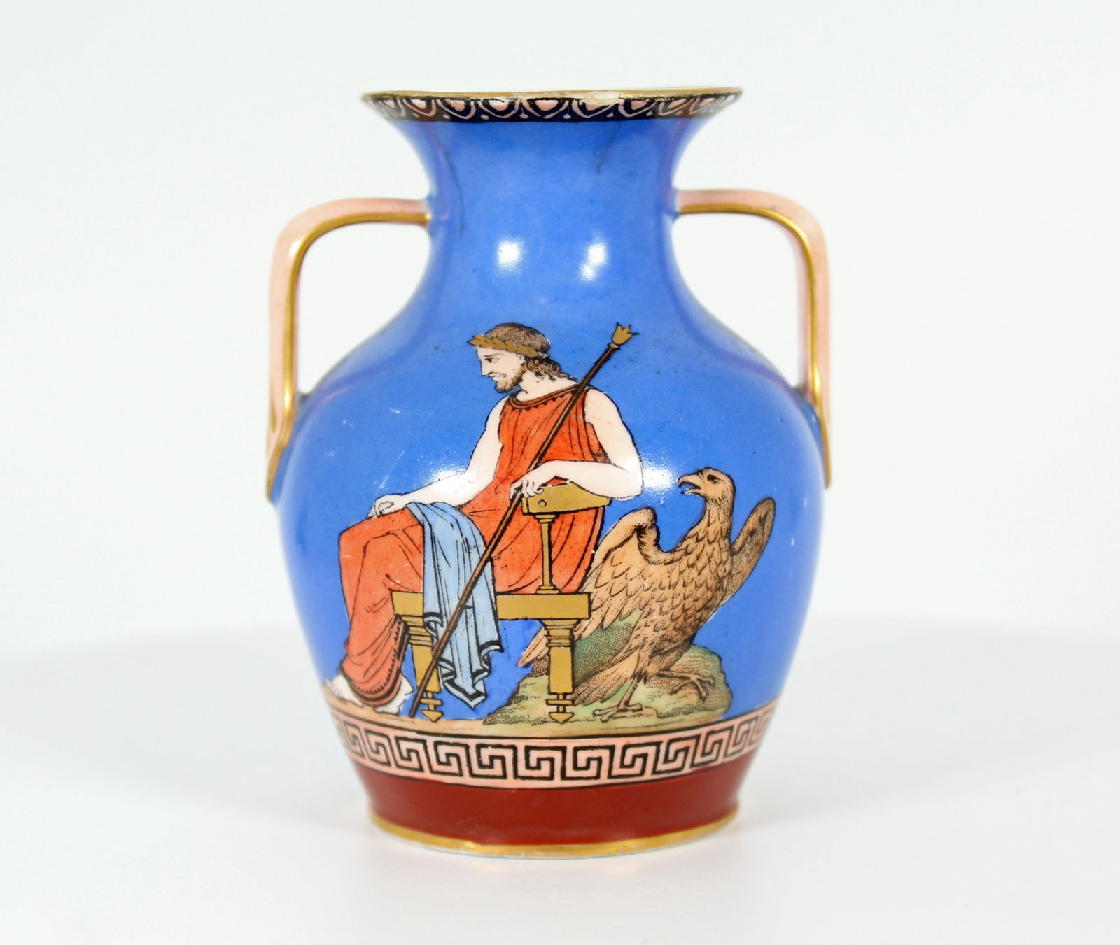 Copeland Neoclassical Polychrome Diminutive Vase: Circa 1850s Greek Revival 3 1/2" high diminutive urn with Copeland mark and numbering in the style of Samuel Alcock. Part of Copelands larger range of Neoclassical Revival wear, which reached its heig