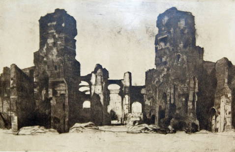 Three Sir David Young Cameron original etchings circa 1920: Set of three original etchings by Sir David Young Cameron circa 1920s. Original etching and drypoint on laid paper of Roman Ruins and Scottish Landmarks, each signed by the artist. 1st Picture: "Therm