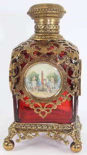 French Empire Palais Royal Ruby Red Perfume Bottle 1870s: French Empire Palais Royal Ruby Red perfume bottle circa 1870s. Depicting Paris landmarks within the miniature rosettes: Place de la Concorde, la Madeleine, Le Pantheon, L'Assemblee Generale and Cathe