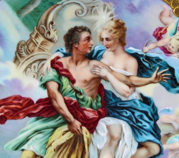 19th Century Royal Vienna cabinet plate Aurora & Cephalus: 19th century Royal Vienna porcelain 15" inch charger with Aurora & Cephalus, an allegorical pair in Roman mythology. Accompanied by cherubs are the lovers; Aurora is a Roman goddess and Cephalus, the