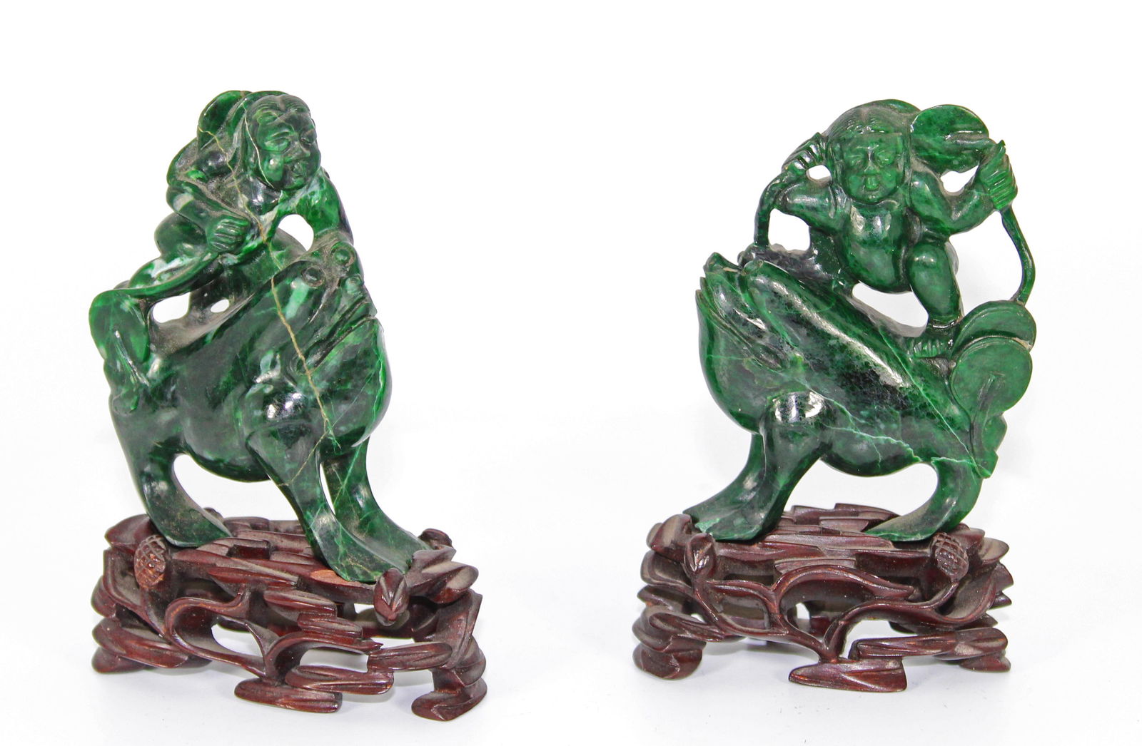 Pair of Carved Chinese Malachite Deities with custom box (1 of 14)
