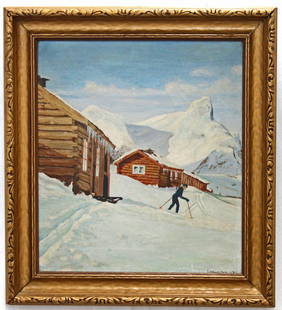 S. Ludwigson "Romsdalshorn Norway" Oil on Canvas 1931: S.Ludwigson' winter landscape of Romsdalshorn Norway in period frame. A similar viewpoint of Johan Fredrik Eckersberg's "Figures in a Mountainous River". Ludwigson's oil on canvas is signed and dated