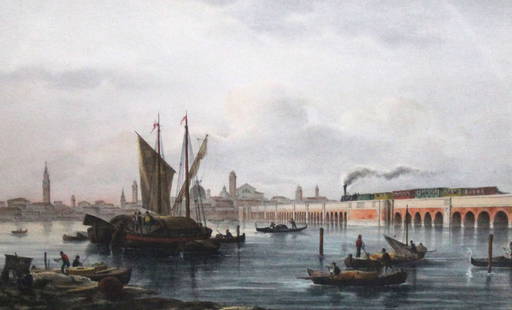 Pair of Venice Antique Colored Lithographs Gallery Framed: Pair of 19th Century Antique Venice Italy Colored Lithographs 1- Bridge Over the Lagoon From Album of the Main Views of Venice by Marco Moro ed. Gio Brizeghel n.d 1840. 2- Nocturnal Scene of the Grand