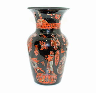 Eglomise Egyptian Revival Vase: Antique Eglomise Egyptian Revival vase, wonderfully decorated with captivating hieroglyphs. Has some age issues as reflected in the photos, overall lovely antique glass vase. Provenance: From a promin