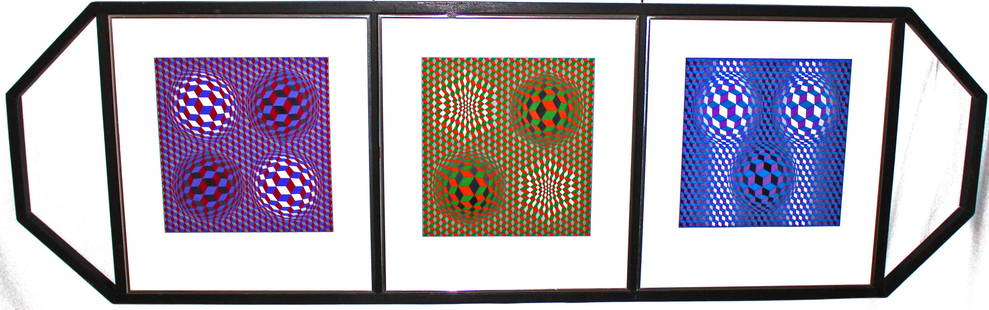 Victor Vasarely Over 5 feet Callisto Triptych Original Signed and Numbered 241/250: Victor Vasarely (Hungarian/French 1906-1997) circa 1980s Callisto Triptych original framed set of three screen prints; each pencil signed and numbered 241/250 in custom gallery frame. This Op Art piec