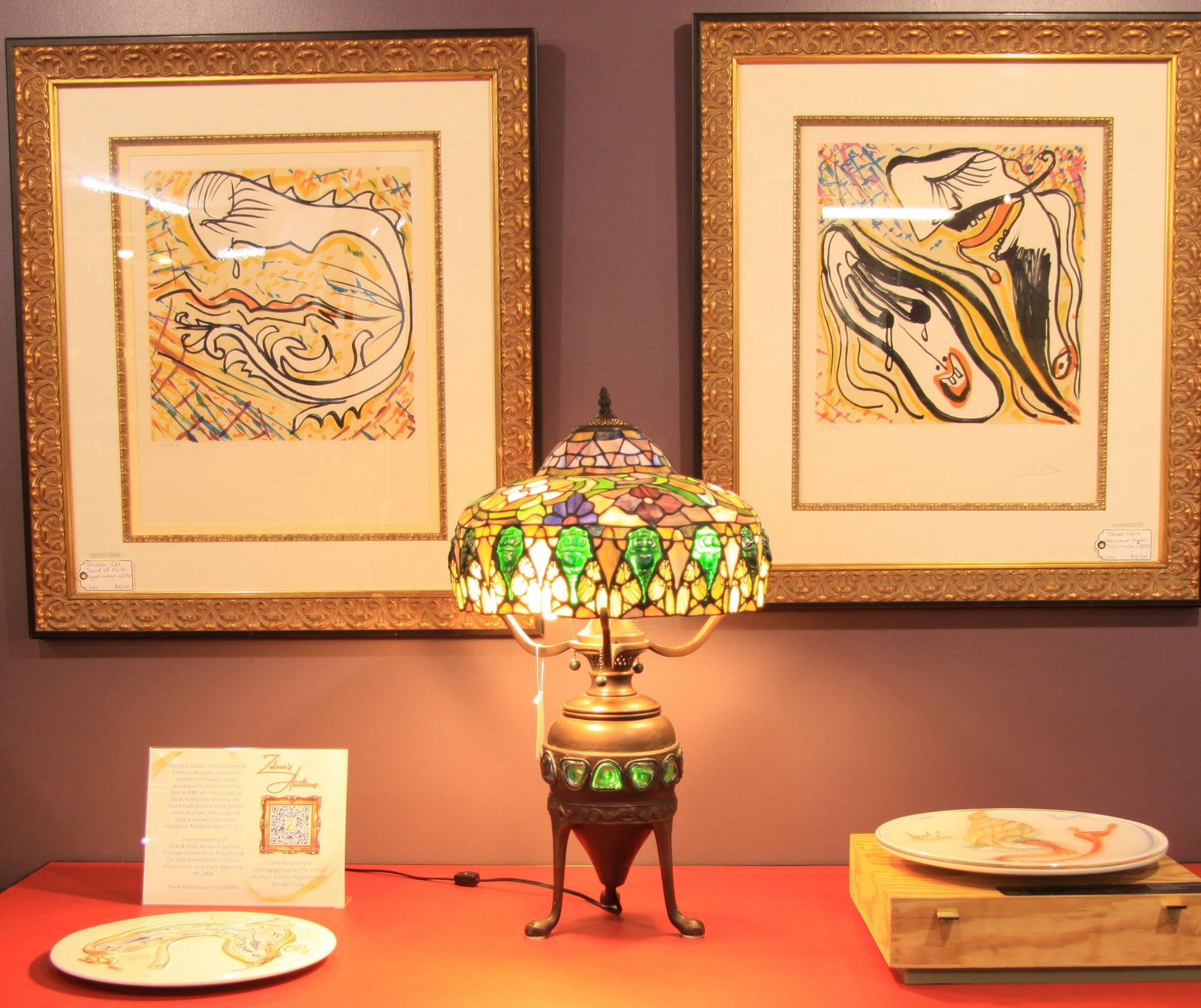 Art Nouveau Salon Lamp in style of Tiffany Studios: IMAGES-DETAILS-MEASUREMENTS COMING SOON! Beautiful patinated bronze and stained glass decorated with cicada locusts. Minor crack on shade details in images. Zelma's offers in-house shipping, please in