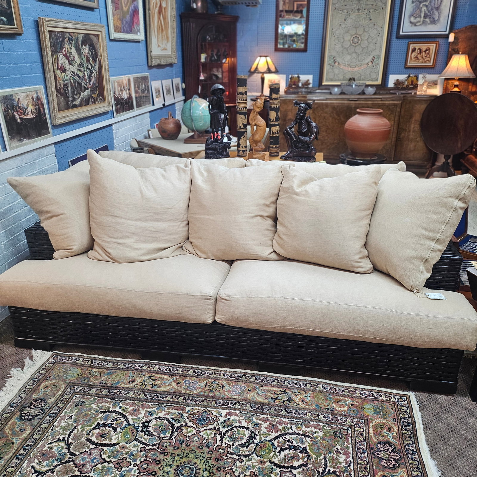 Ralph Lauren Vintage Canyon Rattan Sofa: Luxary comfort awaits you in this Ralph Lauren Canyon Sofa, circa 2005 and in excellent light use condition. Manufactured by Henredon it provides generous seating, measuring 102"L x 46"D x 36"H. Buyer