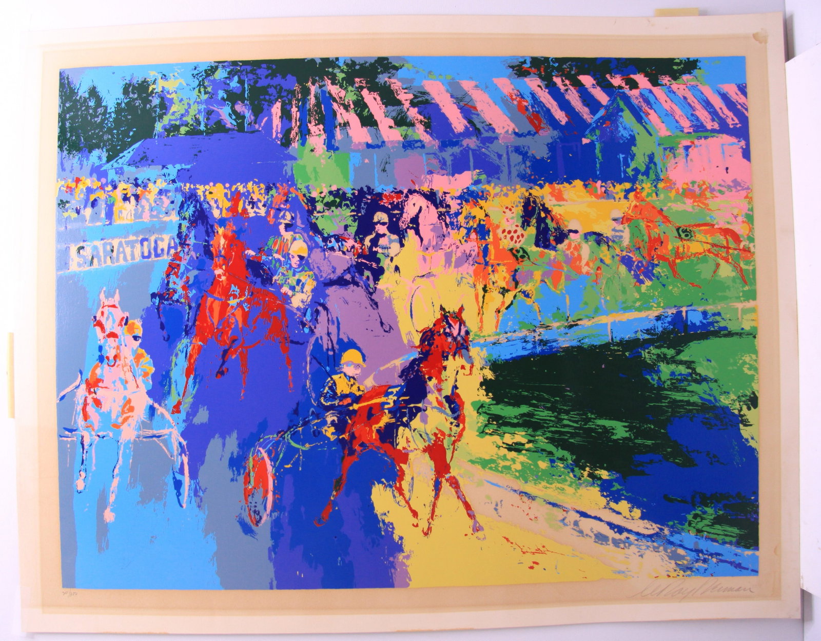 Saratoga serigraph by LeRoy Neiman 1974 Harness Racing World Record 201/300: LeRoy Neiman (American, 1921-2012), Saratoga Harness Racing, 1974. Large color serigraph depicting harness racing at Saratoga, rendered in Neiman's characteristic highly saturated palette. Pencil sign