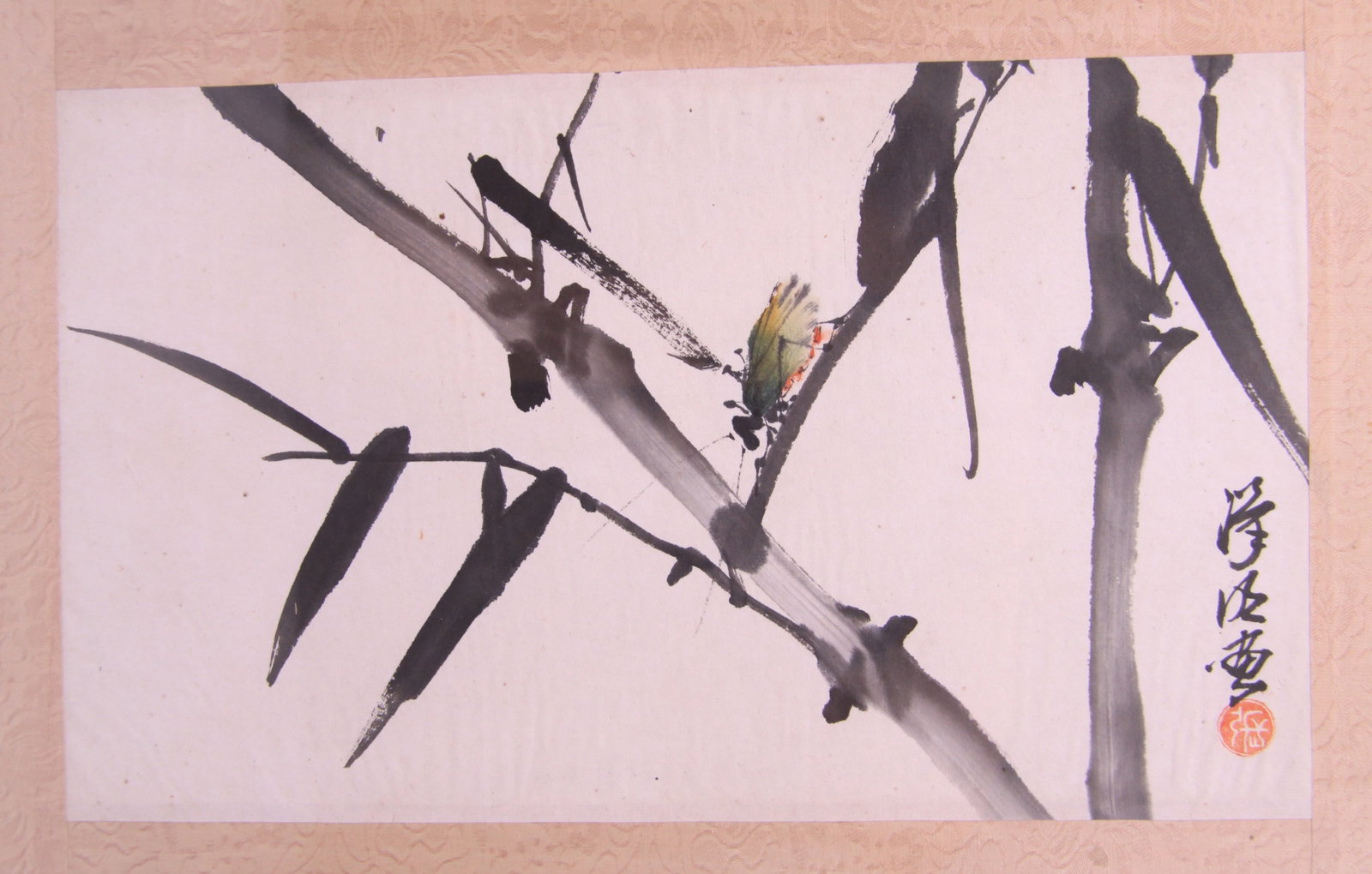 Pair Chinese Lingnan School Insect & Bamboo Paintings Zhao Shao'ang Style 20th C (1 of 6)