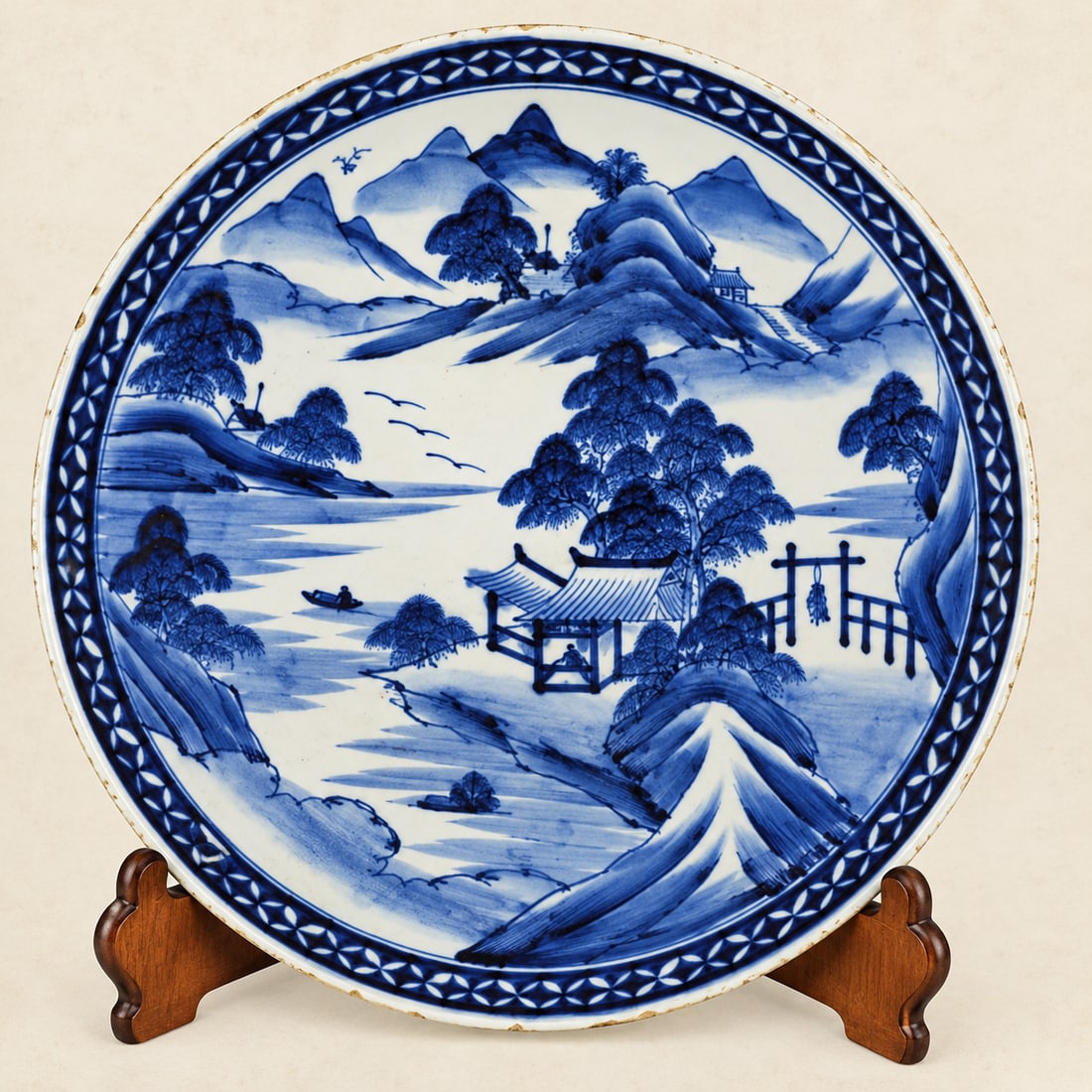 Large Chinese Qing Blue & White Porcelain Landscape Charger 19th Century: Large Chinese Qing Dynasty Blue and White Porcelain Landscape Charger, 19th century. Large hand-painted Chinese porcelain charger decorated in underglaze cobalt blue with an expansive mountainous rive