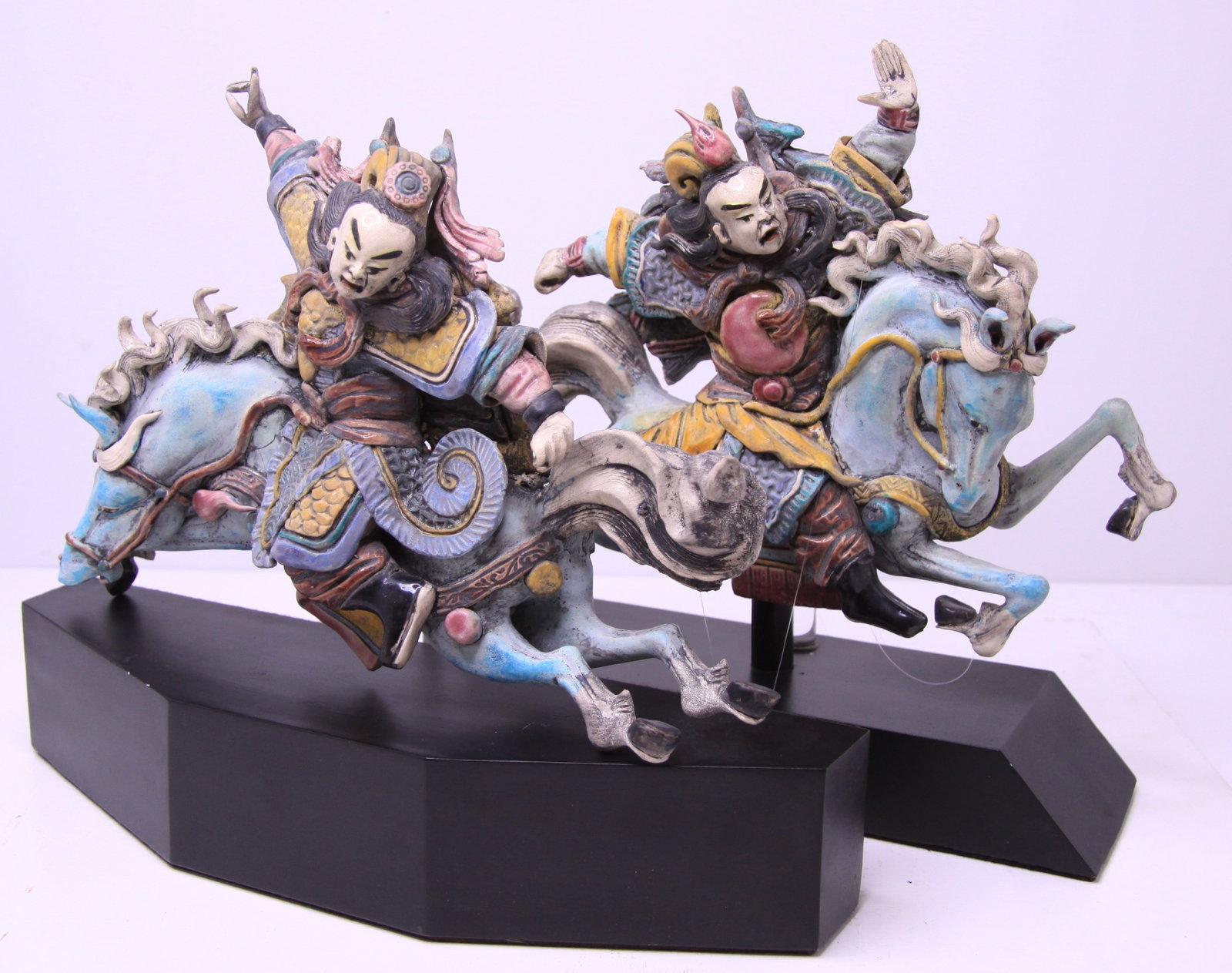 Pair Chinese Polychrome-Glazed Pottery Equestrian Warrior Architectural Roof Ornaments (1 of 9)