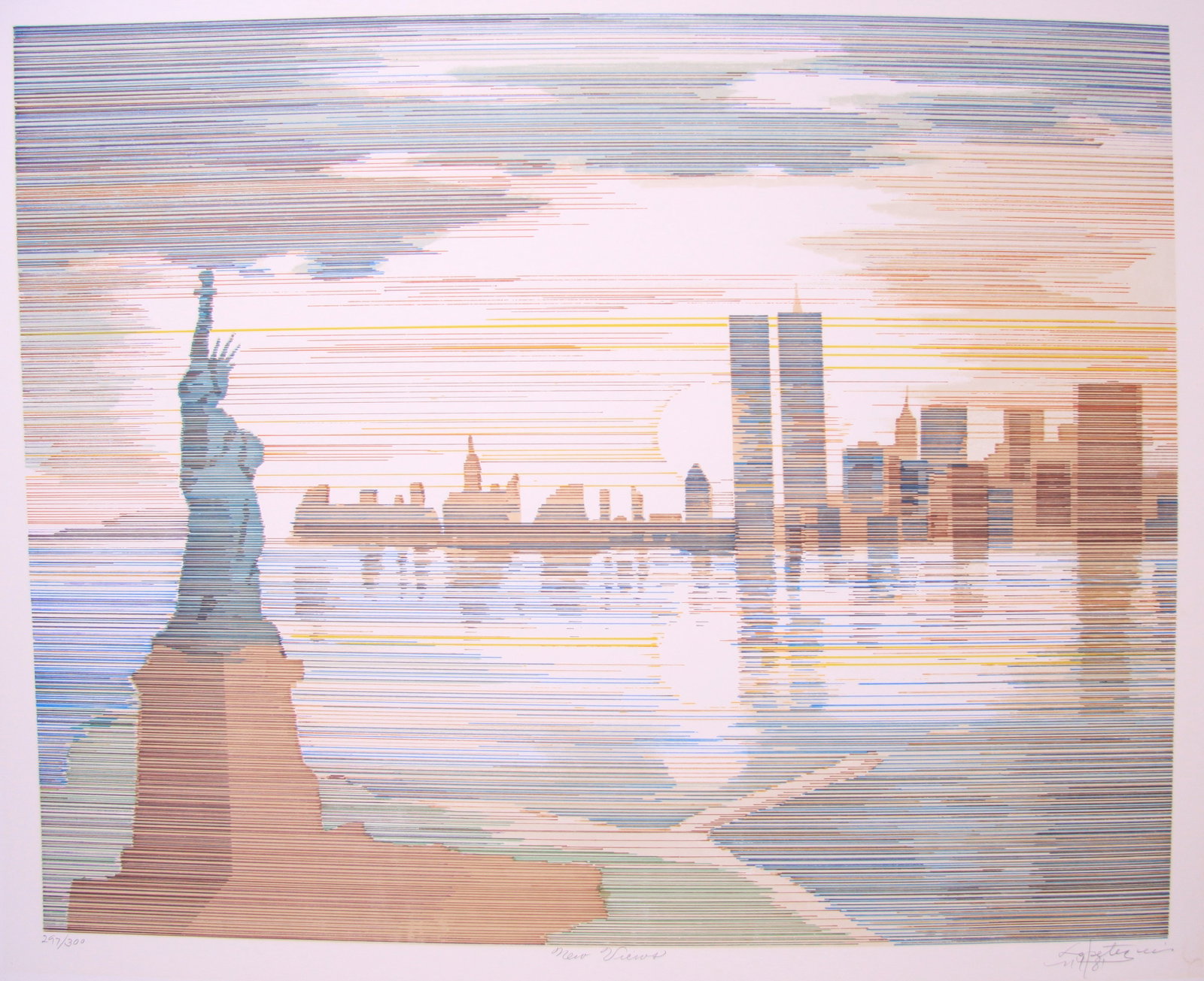 New Views by Juan Lopetegui Pre-2001 NY Manhattan skyline Twin Towers signed 297/300 RARE: New Views by Juan Lopetegui an abstract rendering of the lower Manhattan cityscape with the iconic World Trade Center Twin Towers and the Statue of Liberty, pre 9/11. Limited Edition Serigraph 297/300