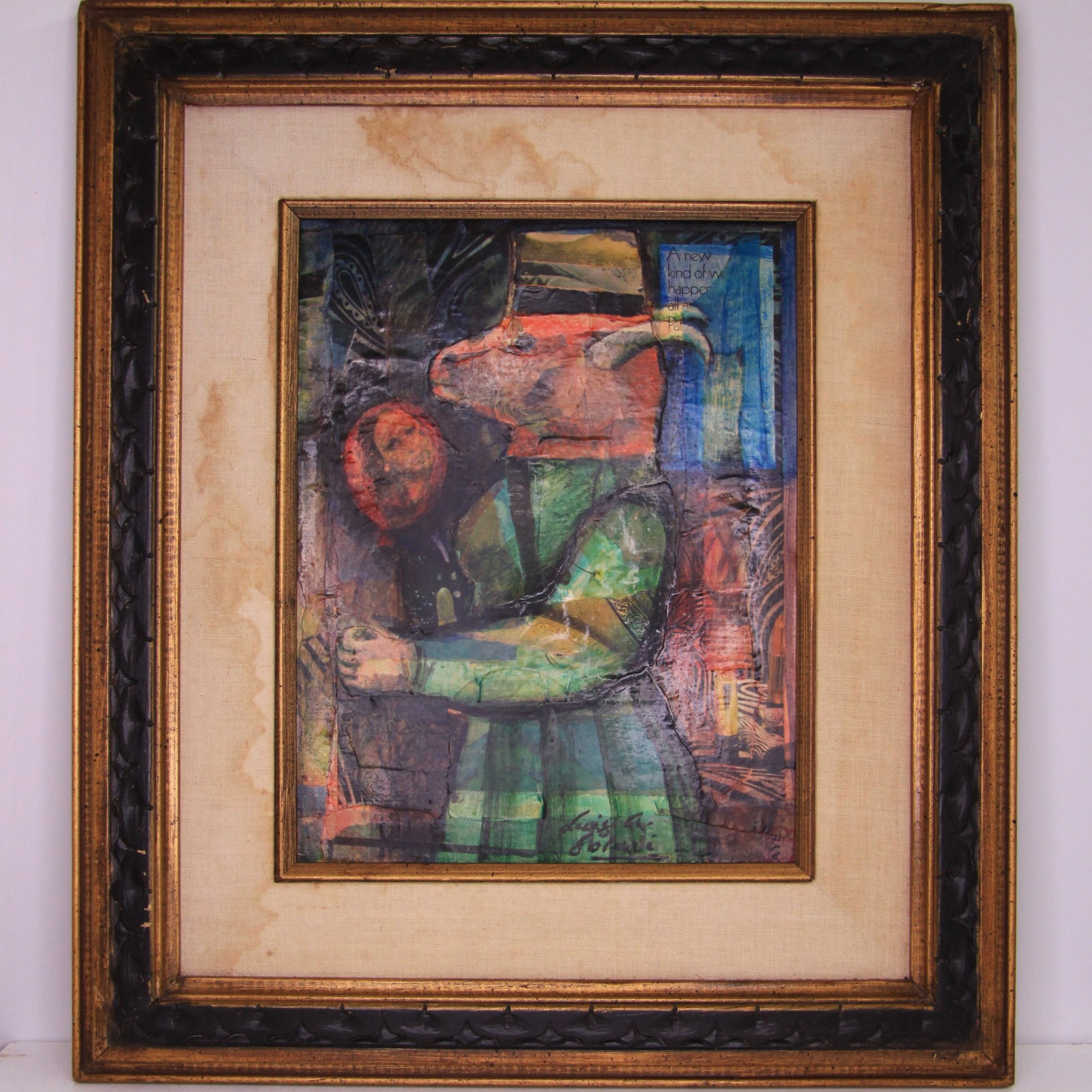Luis A Solari original mixed media circa 1970s: A vintage mixed media painting by Luis A Solari (Uruguay). As presented in original frame in as found condition. The reverse has a bio written in the 1970s by the Howard Mann Art Centre, Lambertville,