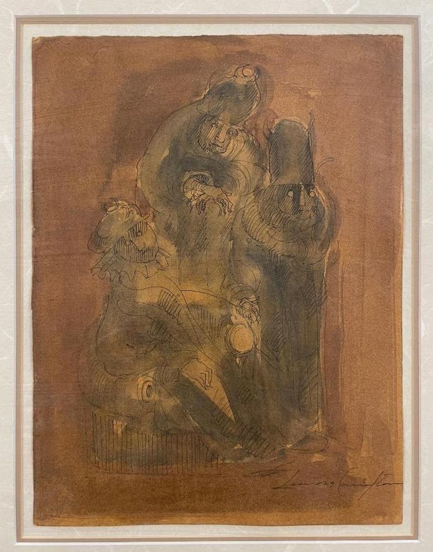 Leonora Carrington Pig Rush preliminary sketch ink and wash study: Leonora Carrington (1917-2011) British-born Mexican artist and part of the 1930s Surrealist movement, associated with Max Ernst. An original preliminary sketch in brush, ink and wash as a study to 'Pi