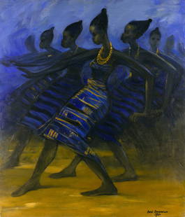 Ben Enwonwu (1917-1994) - Africa Dances, 1991: Ben Enwonwu (1917–1994) | Nigeria “Africa Dances”, 1991 Oil on canvas Signed front lower right “Ben Enwonwu 1991”. Dimensions: Unframed: 80 × 68.5 cm | 31.5 × 27 in Prove