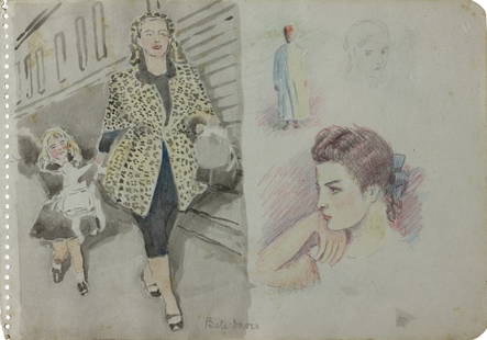 Mariano Bertuchi (1884-1955) - Bête Bours / Rita Doesn’t Like Short Cuts, 1950: Attributed to Mariano Bertuchi (1884–1955) | Spain “Bête Bours / Rita Doesn’t Like Short Cuts&rdquo;, 1950 Watercolor on paper Double-sided sheet. The front features a fashionably dressed woman