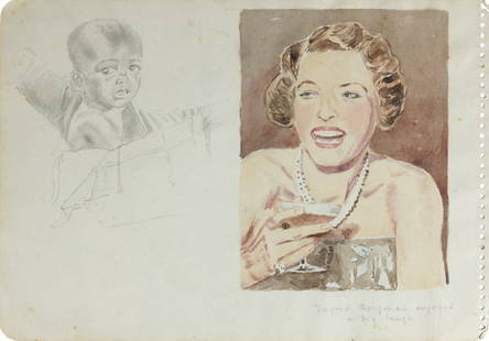 Mariano Bertuchi (1884-1955) - Ingrid Bergman and GI Survivors, 1950: Attributed to Mariano Bertuchi (1884–1955) | Spain “Ingrid Bergman and GI Survivors&rdquo;, 1950 Watercolor on paper Double-sided sheet. The front features a lively watercolor portrait of actress