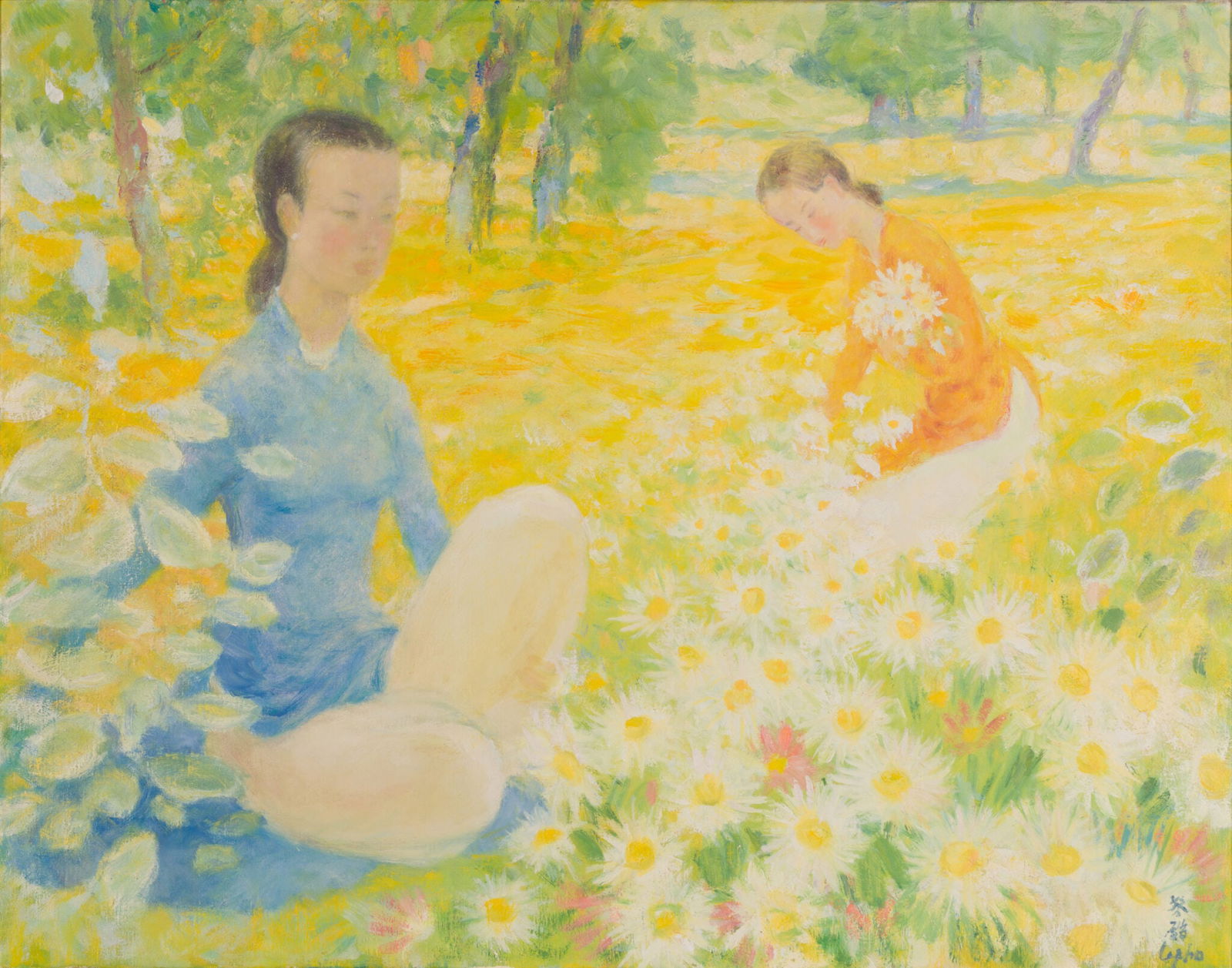 Le Pho (1907-2001) - Parmi les fleurs: Le Pho (1907-2001) | Vietnam Parmi les fleurs Oil on Canvas Signed: Signed in English and Chinese lower right “Le Pho”; titled on the reverse. Dimensions: Framed: 91.5 × 110.5 cm | 36 ×