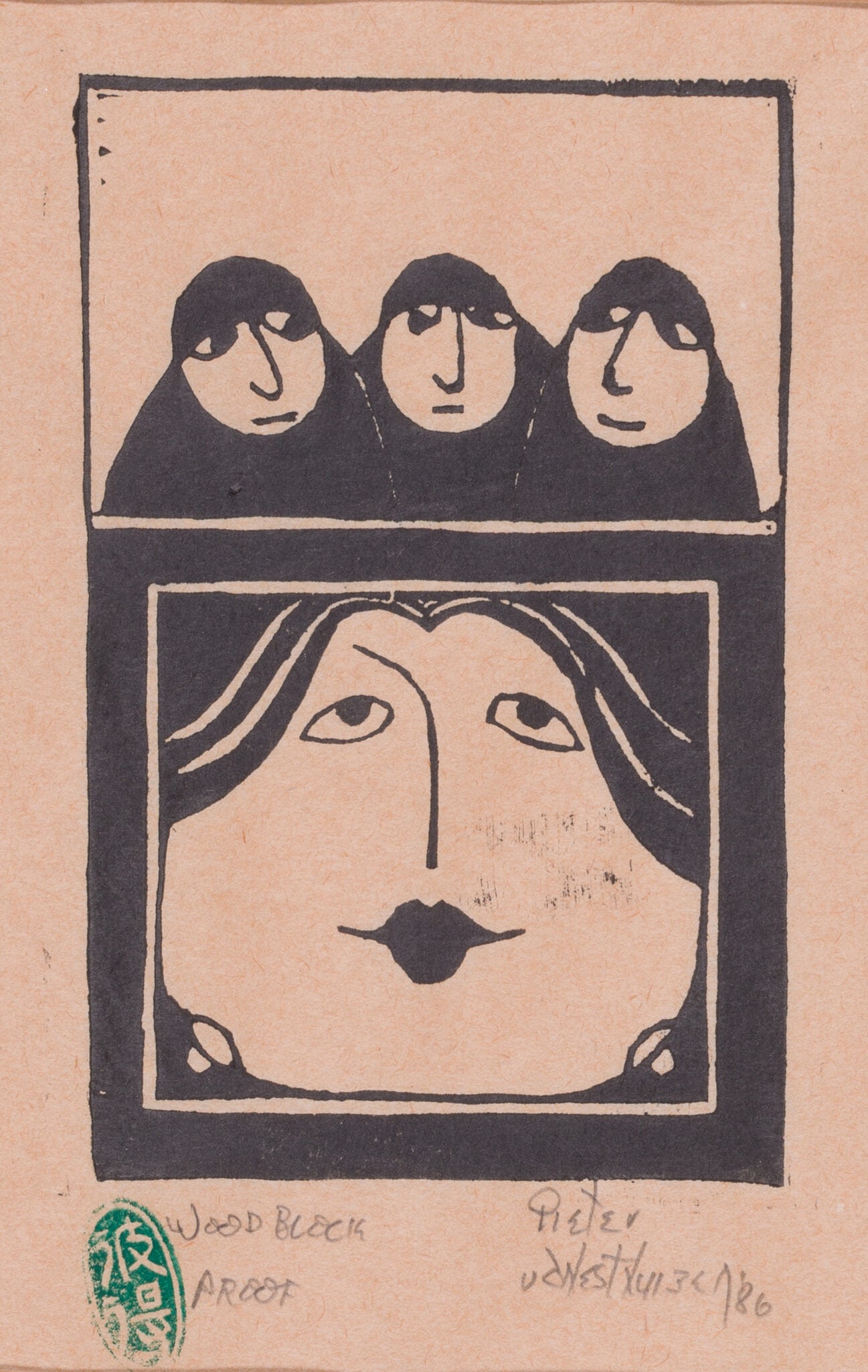 Pieter van der Westhuizen (1931-2008) - Four Faces, 1986: Pieter van der Westhuizen (1931-2008) | South Africa Four Faces, 1986 Woodblock Proof Print Signed: Hand-signed and dated “1986” by the artist. Dimensions: Framed: 42.5 × 31.5 cm |