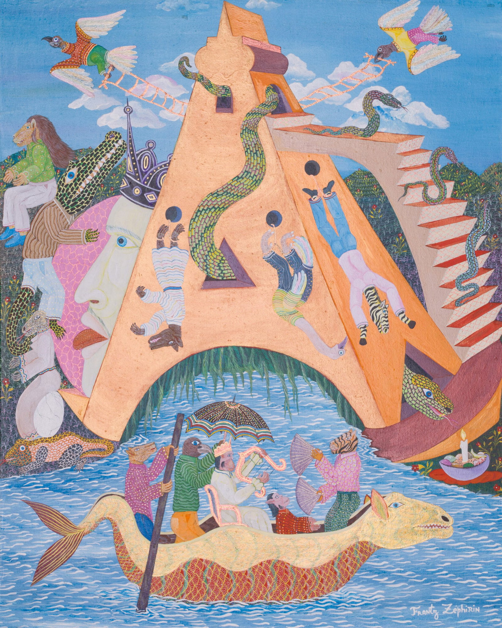 Zephirin Frantz (b. 1968) - Tower of Babel: Zephirin Frantz (b. 1968) | Haiti Zéphirin Frantz — Tower of Babel Oil on Canvas Signed: The work is signed “Frantz Zéphirin” in the lower right corner. Dimensions: Framed: 81 × 65.5 cm