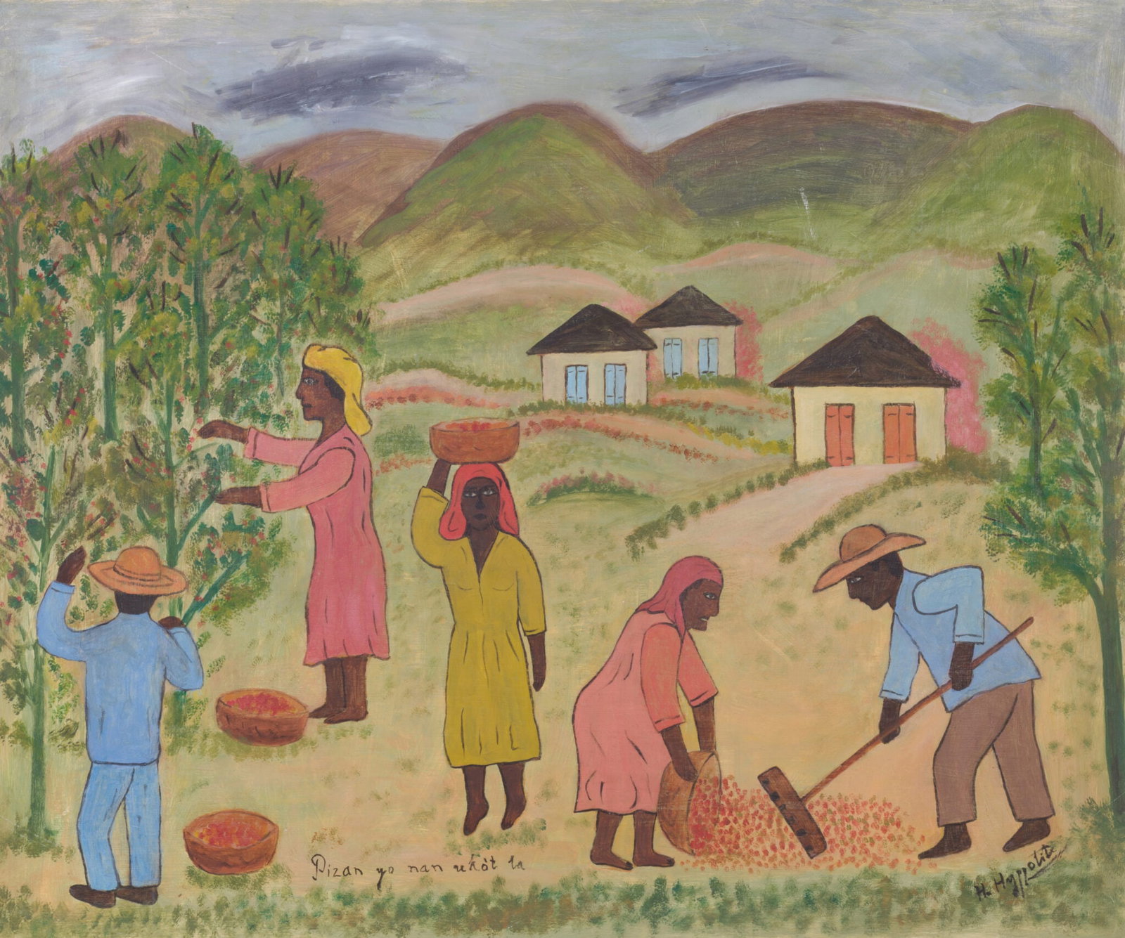Hector Hyppolite (1894-1948) - Peasants at the Harvest: Hector Hyppolite (1894-1948) Hector Hyppolite — Peasants at the Harvest Oil on Board Signed: Signed ‘H. Hyppolite’ (lower right) and titled ‘Pizan yo nan rekôt la’ (lower center). On the re