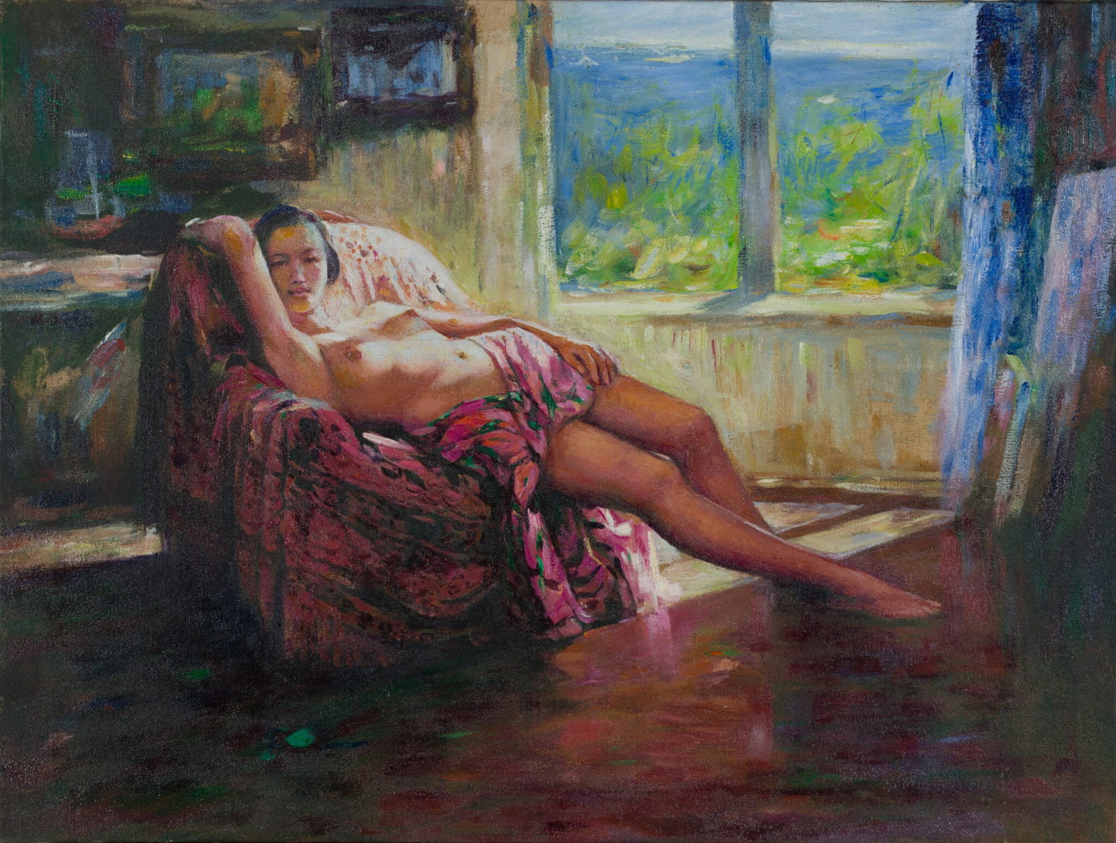20th Century Chinese School - Reclining Nude by the Window: 20th Century Chinese School Reclining Nude by the Window Oil on Canvas Unsigned Dimensions: Artwork: 53.5 × 70.5 cm | 21.1 × 27.8 in Provenance: Guette’s, Bruxelles, Belgium,