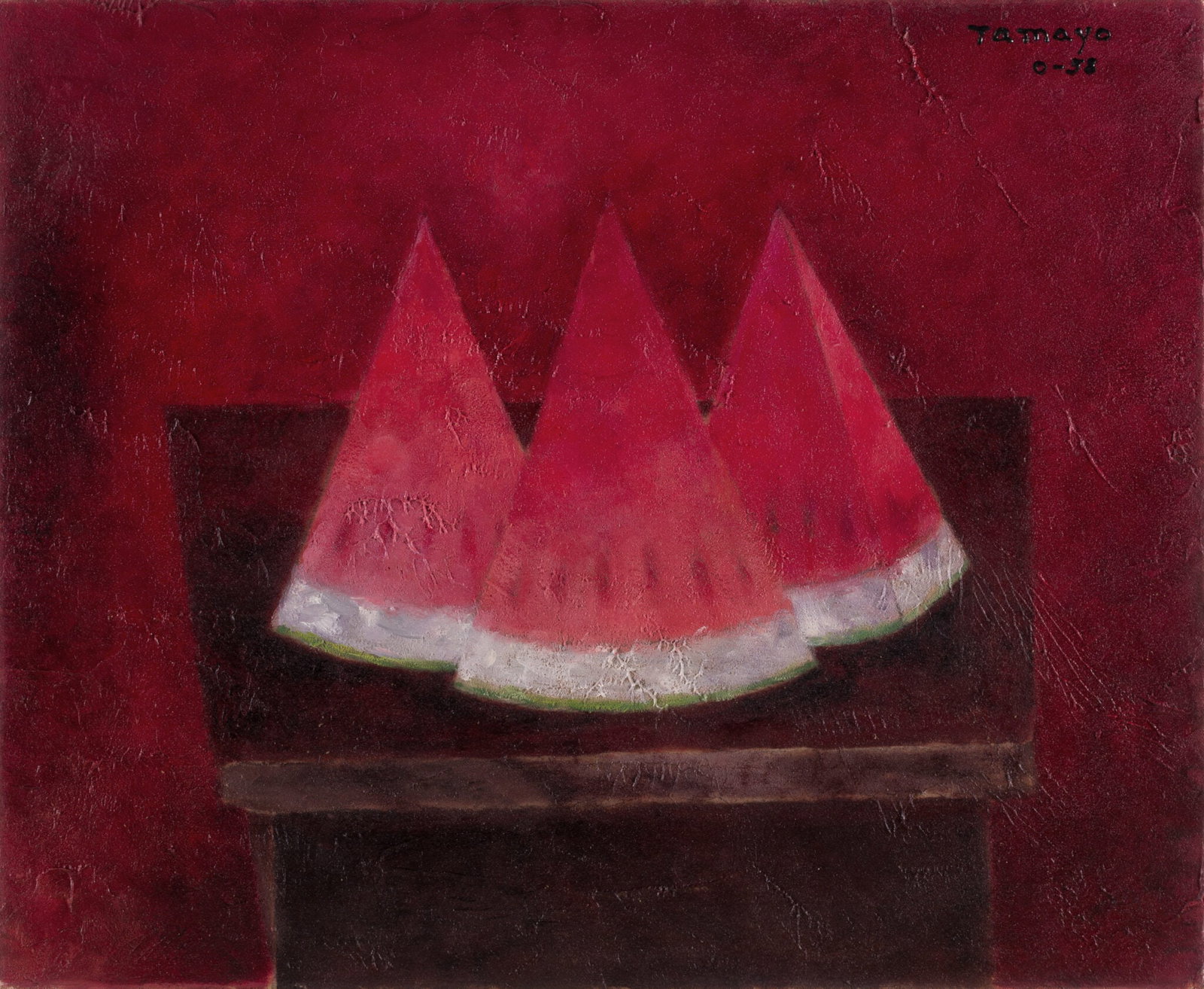 Attr. to Rufino Tamayo (1899-1991) - Sandias, 1958: Attr. to Rufino Tamayo (1899-1991) Attr. to Rufino Tamayo — Sandias, 1958 Oil/Sand on Canvas Signed: Signed and dated ‘TAMAYO 0-58’ (upper right); inscribed ‘Sandias oleo 1958’ (on the rever