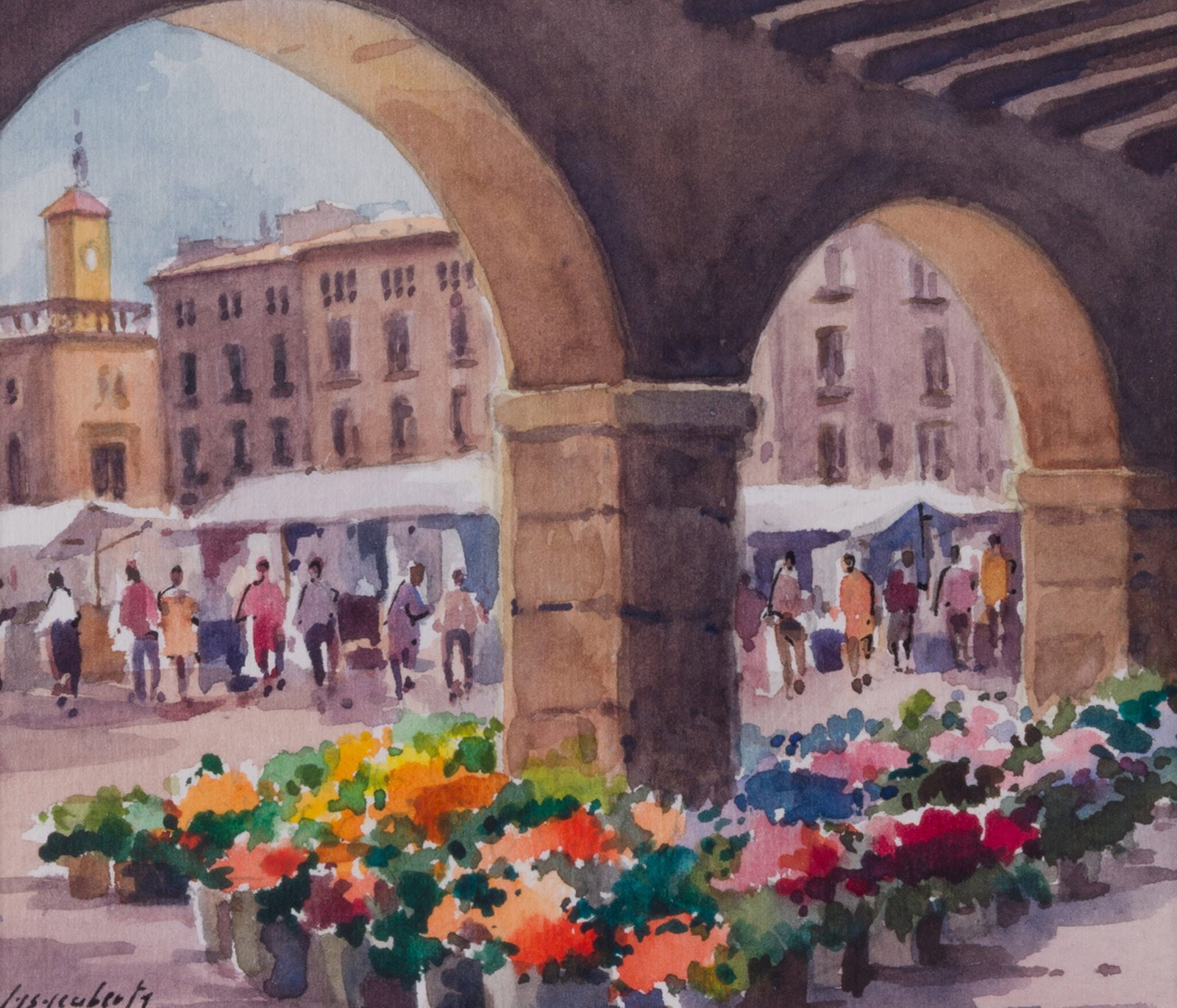 20th Century Spanish School - Market Square Scene: 20th Century Spanish School 20th Century Spanish School — Market Square Scene Watercolor on Paper Signed: The work features an illegible signature or mark located in the bottom left corner. Dimensio