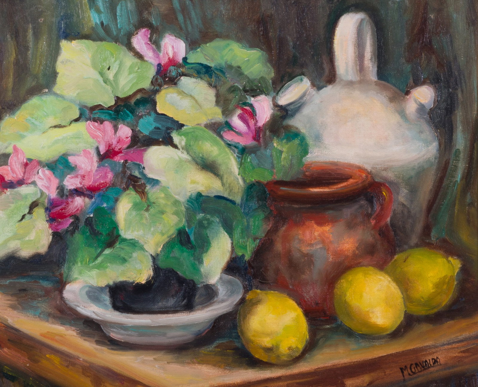 M. Gavalda - Still Life with Cyclamen and Lemons.: M. Gavalda M. Gavalda — Still Life with Cyclamen and Lemons. Oil on Canvas Signed: The artist’s signature, “M. Gavalda,” is clearly visible in the bottom right corner of the painting. Dime