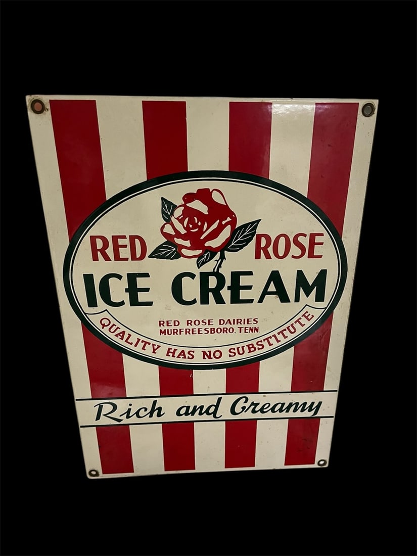 Vintage Ande Rooney Red Rose Ice Cream Porcelain Sign (1 of 1)