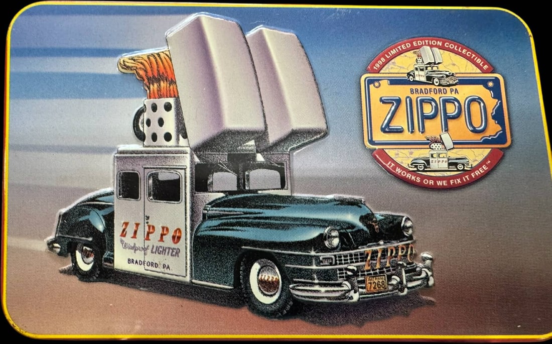 Zippo Lighter Collector Tin, Bradford Pennsylvania 1998 Limited Edition: Zippo, the iconic lighter manufacturer based in Bradford, Pennsylvania, has produced numerous limited edition lighters over the years, including several commemorative pieces celebrating the town's her