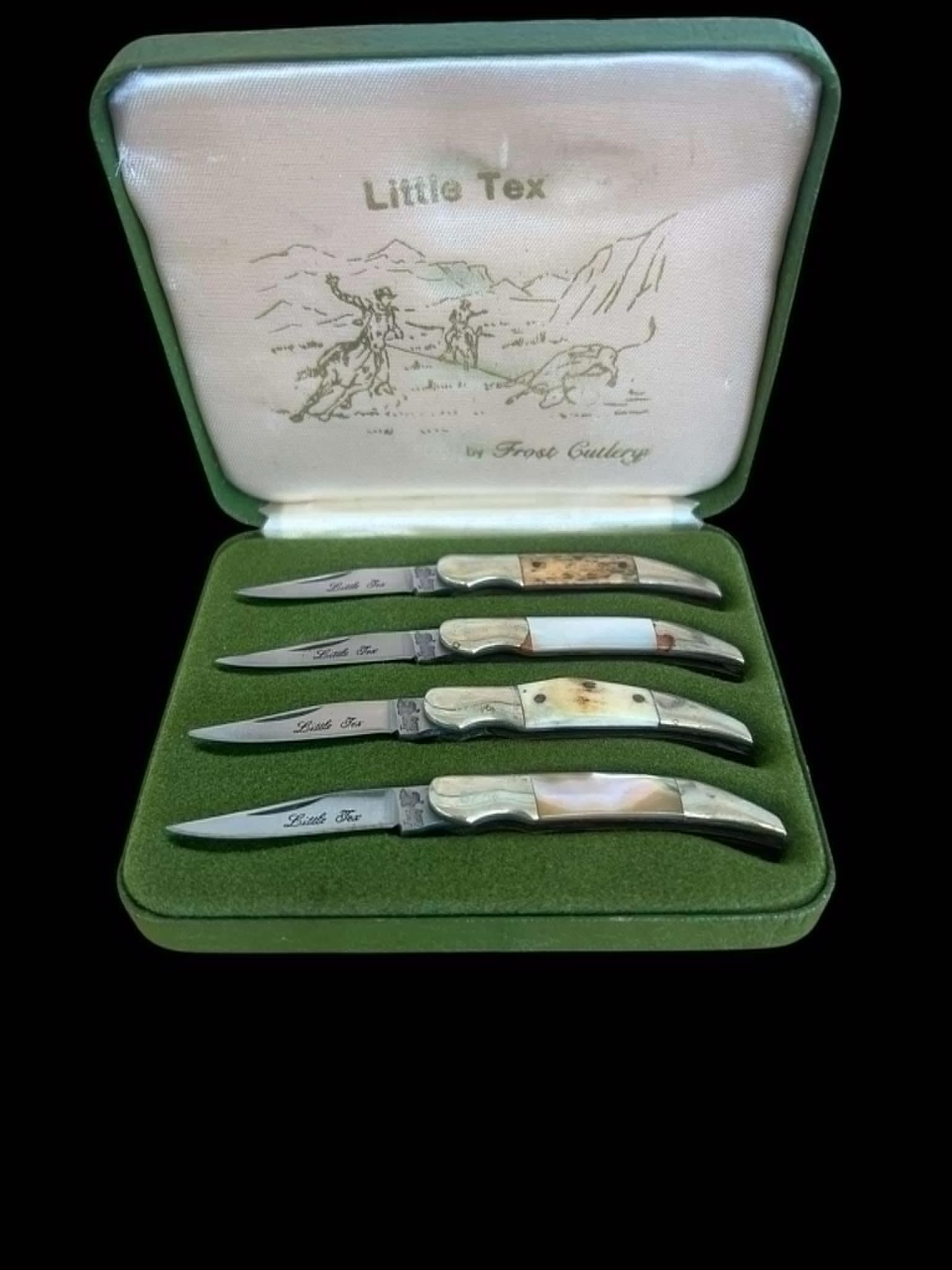 Little Tex by Frost Cutlery 4 Knife set: The Little Tex by Frost Cutlery 4 Knife Set typically refers to a set of pocket knives produced by Frost Cutlery, a company known for manufacturing affordable, functional knives with a variety of desi