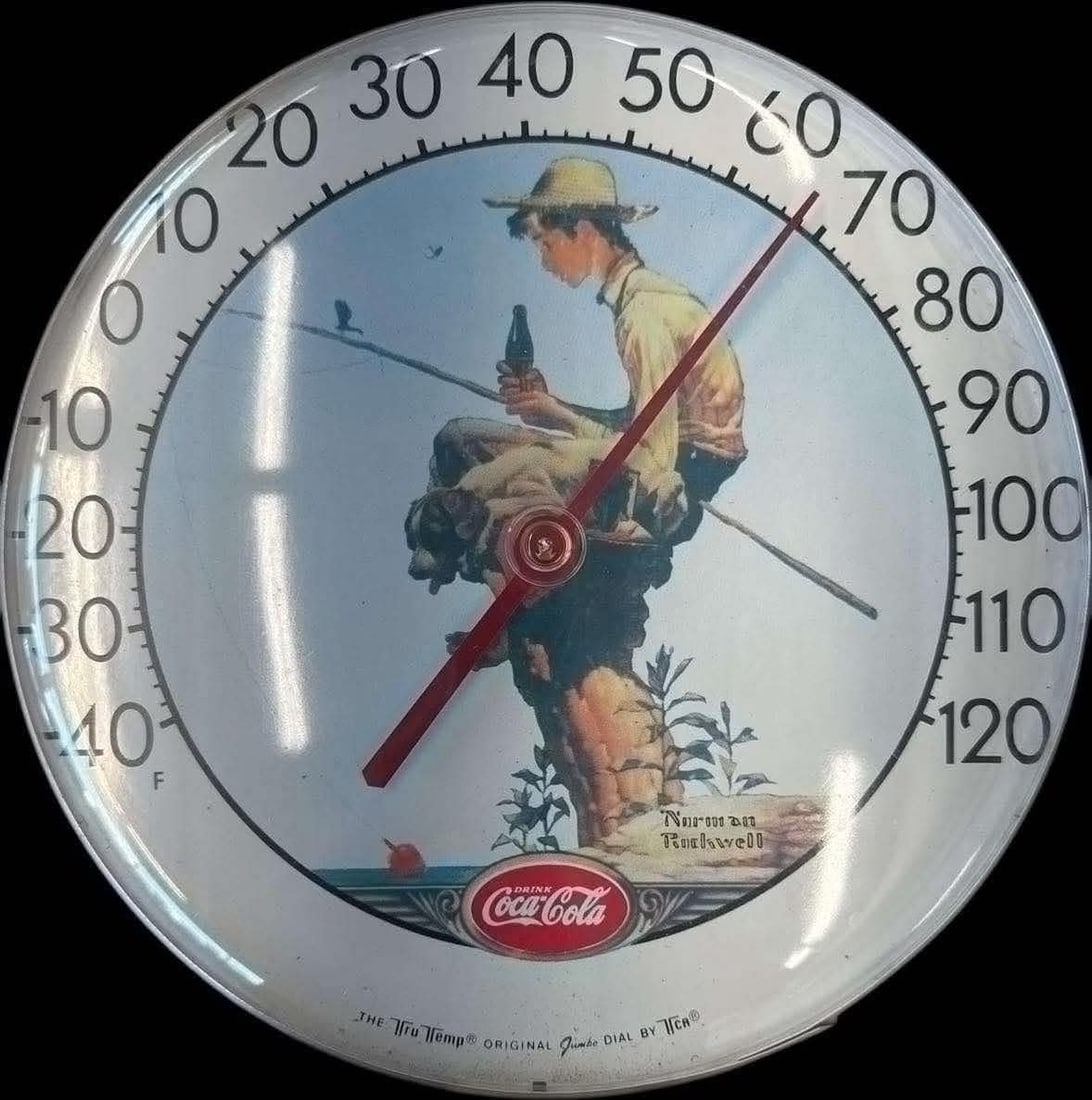 Vintage 1980 Coca-Cola Thermometer featuring Norman Rockwell artwork "Fishing Boy": The Vintage 1980 Coca-Cola Thermometer featuring Norman Rockwell's "Fishing Boy" artwork is a charming collectible that combines nostalgia and artistry. This thermometer showcases a classic Rockwell i