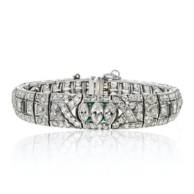 Platinum Art Deco Diamond Emerald Bracelet