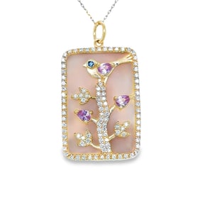14k Gold Pink Opal Bird Pendant w/ Diamonds