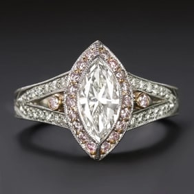 Platinum Marquise Diamond Pink Halo Ring 10.51 grams