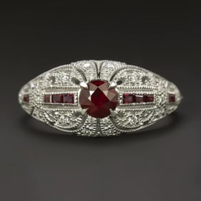 14K White Gold Ruby & Diamond Deco Dome Ring