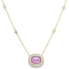 14K Gold Pink Sapphire Diamond Halo Necklace