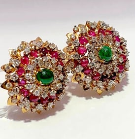 Vintage 18K Yellow Gold & Ruby Emerald Diamond Monster Earrings