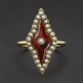14KT Yellow Gold Red Enamel Navette Ring size 7