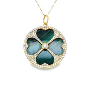14KT Gold Malachite Diamond Clover Pendant