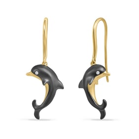 14k Gold Dolphin Earrings w/ Diamonds Rhodium