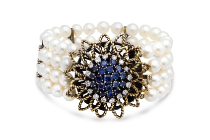 Vintage 14k Gold Pearl Sapphire Flower Bracelet